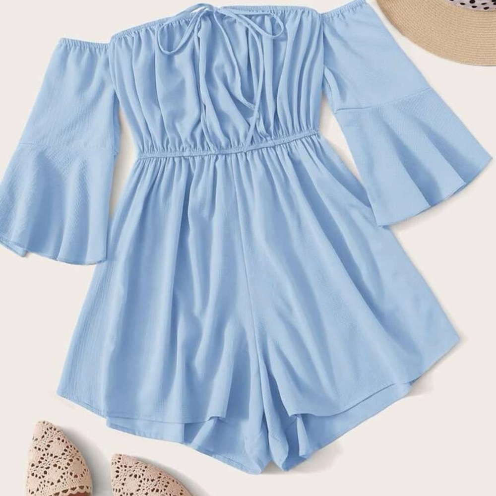 SHEIN VCAY Solid Flounce Sleeve Tie Front Bardot Romper
